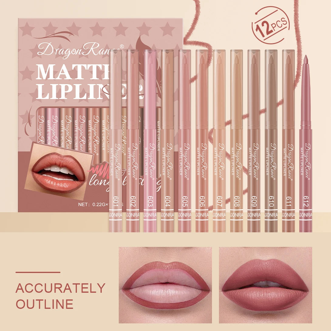 Dragon Ranee 12pcs Soft Matte Water Resistant Eraser Resistant Lip Liner Set Matte and Non-Drying Easy to Line Lip Liner Set