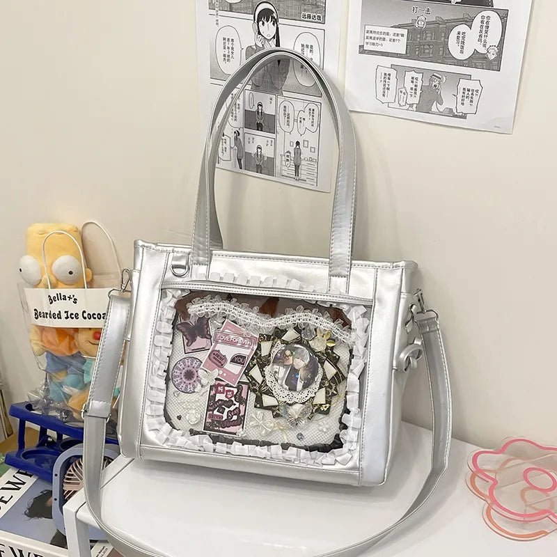 Womens Shoulder Bag Leather Sweet Lolita Jk Elegant Cute Casual Ita Bag Japanese Style Transparent Fashion Handbag