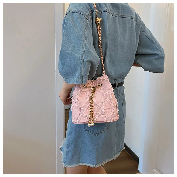 Vintage Denim Bucket Bag Retro Style Light Blue Ripped Edge Design Gold Chain Pearl Embellishment Adjustable Fringe Shoulder Bag