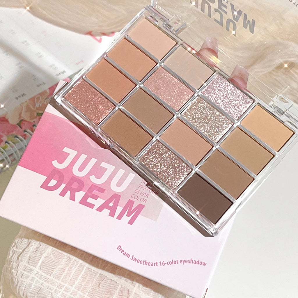 Dream 16 color eyeshadow palette - matte, glitter, shimmer, earth brown, purple and pink - low saturation everyday makeup