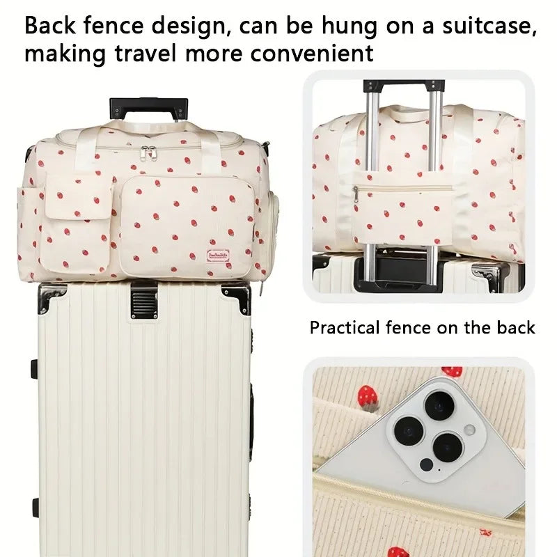 Large Capacity Casual Strawberry Print Duffel Bag with Multiple Compartments - Ideal for Travel, Gym, and Everyday Use