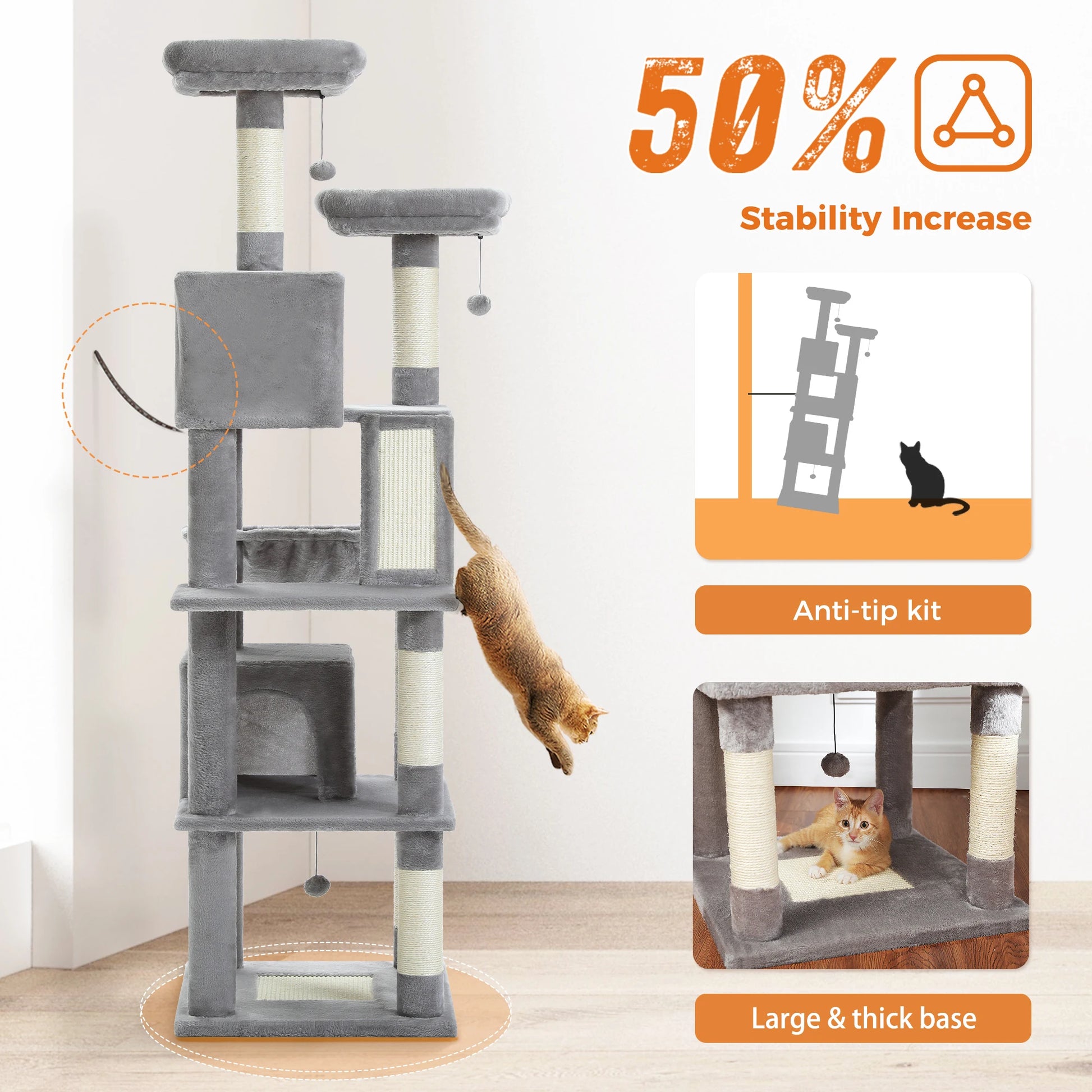 Multi-Level Cat Tree with Scratching Posts, Cozy Condo, Hammock, Large Cat Tower for Indoor Cats, Cat Scratching Board, Cat Toys