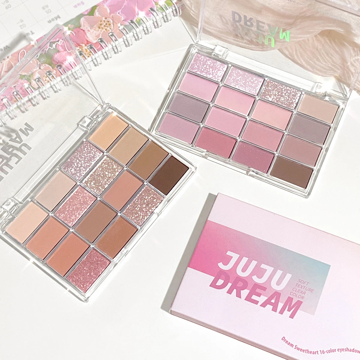 Dream 16 color eyeshadow palette - matte, glitter, shimmer, earth brown, purple and pink - low saturation everyday makeup
