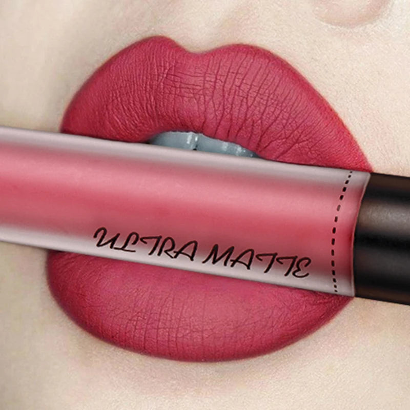 QIBEST Waterproof Matte Nude Lip Gloss 12 Colors Lasting Liquid Lipstick Moisturizing Non-stick Cup Black Red Purple Lip Glaze