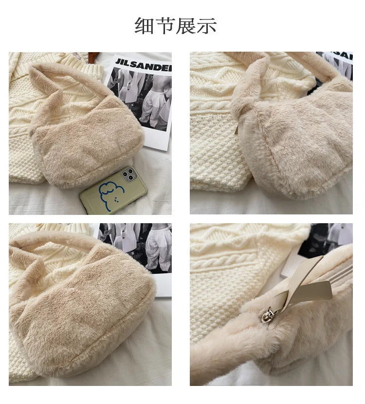 Simple Design Women Soft Plush Hobos Shoulder Bags Winter Furry Ladies Clutch Purse Handbag Fashion Female Underarm Bag