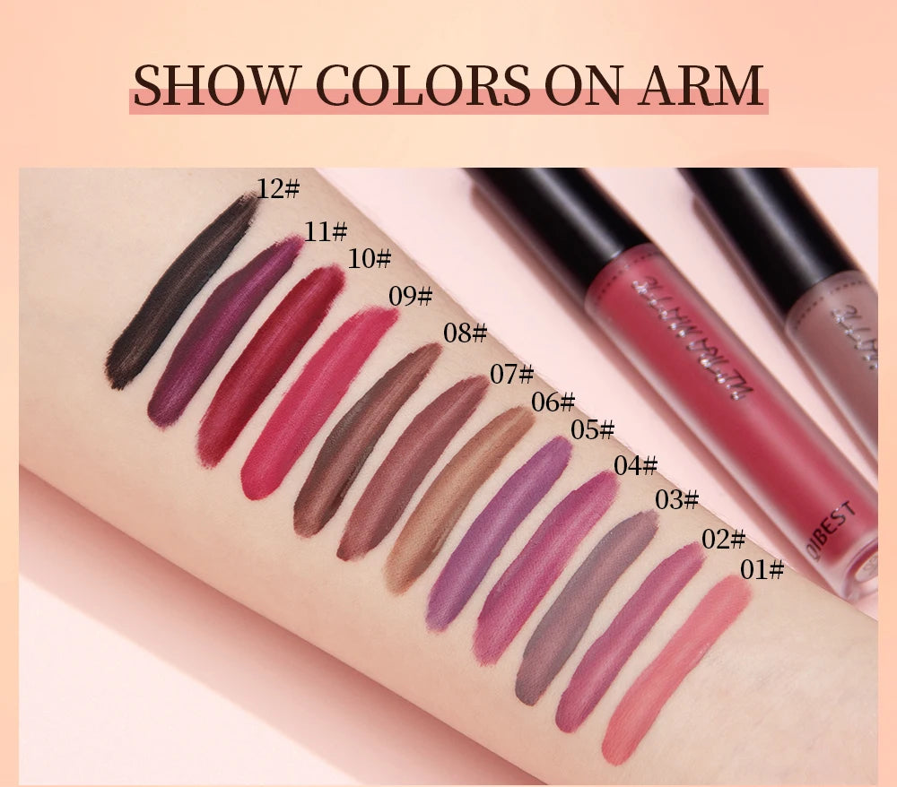 QIBEST Waterproof Matte Nude Lip Gloss 12 Colors Lasting Liquid Lipstick Moisturizing Non-stick Cup Black Red Purple Lip Glaze