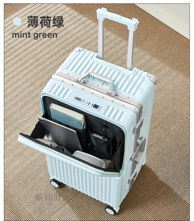 Front Opening Suitcase 2025 New Large Capacity 20/30 inch Aluminum Frame Luggage with USB Cup Holder Laptop Bag Travel Suitcases