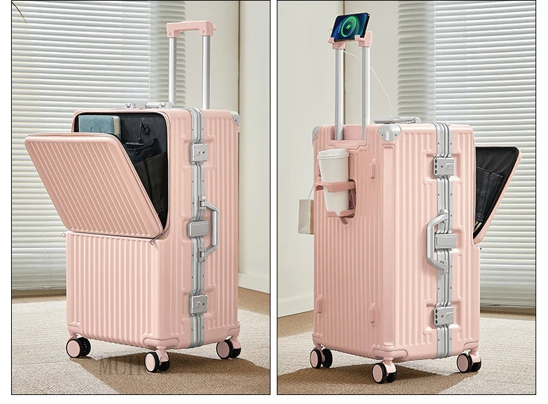 Front Opening Suitcase 2025 New Large Capacity 20/30 inch Aluminum Frame Luggage with USB Cup Holder Laptop Bag Travel Suitcases