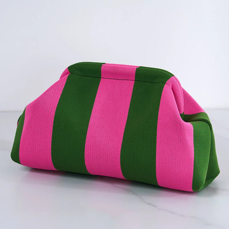 Women's Striped Beach Clutch Bag Versatile Small Woven Crochet Handbags Purses Knitting Dumpling Clutch Casual Bag