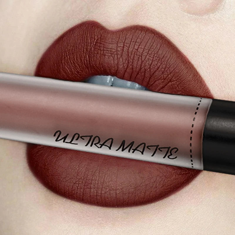 QIBEST Waterproof Matte Nude Lip Gloss 12 Colors Lasting Liquid Lipstick Moisturizing Non-stick Cup Black Red Purple Lip Glaze