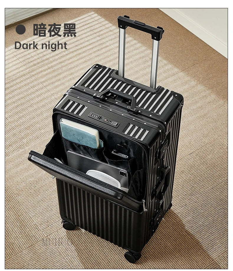 Front Opening Suitcase 2025 New Large Capacity 20/30 inch Aluminum Frame Luggage with USB Cup Holder Laptop Bag Travel Suitcases