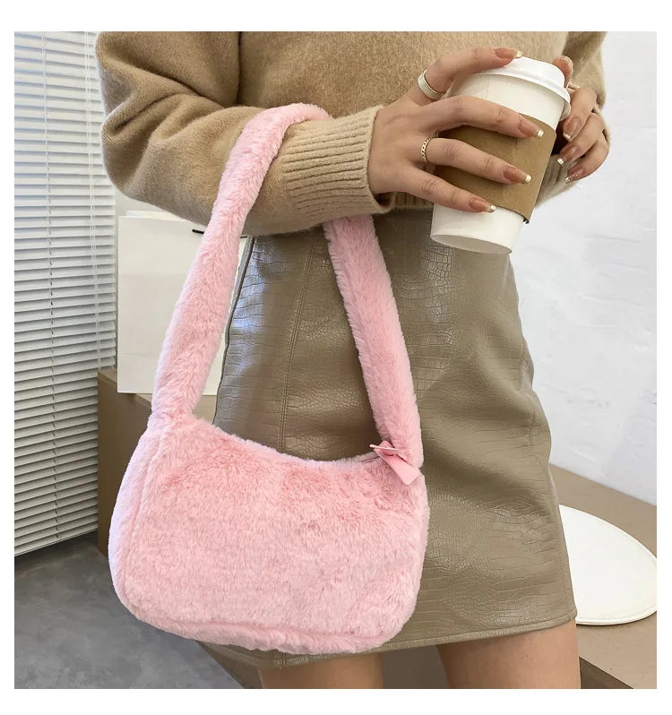 Simple Design Women Soft Plush Hobos Shoulder Bags Winter Furry Ladies Clutch Purse Handbag Fashion Female Underarm Bag