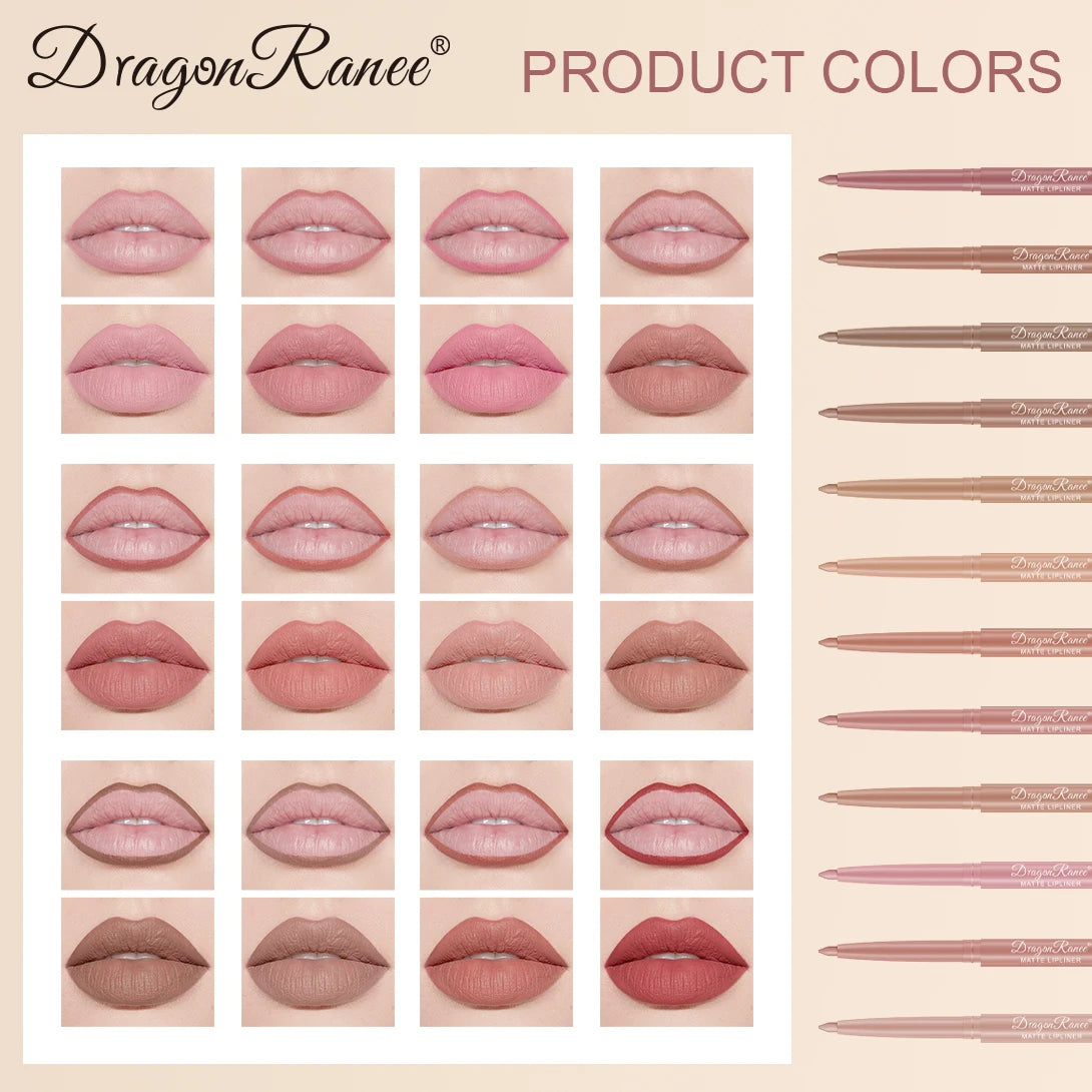 Dragon Ranee 12pcs Soft Matte Water Resistant Eraser Resistant Lip Liner Set Matte and Non-Drying Easy to Line Lip Liner Set