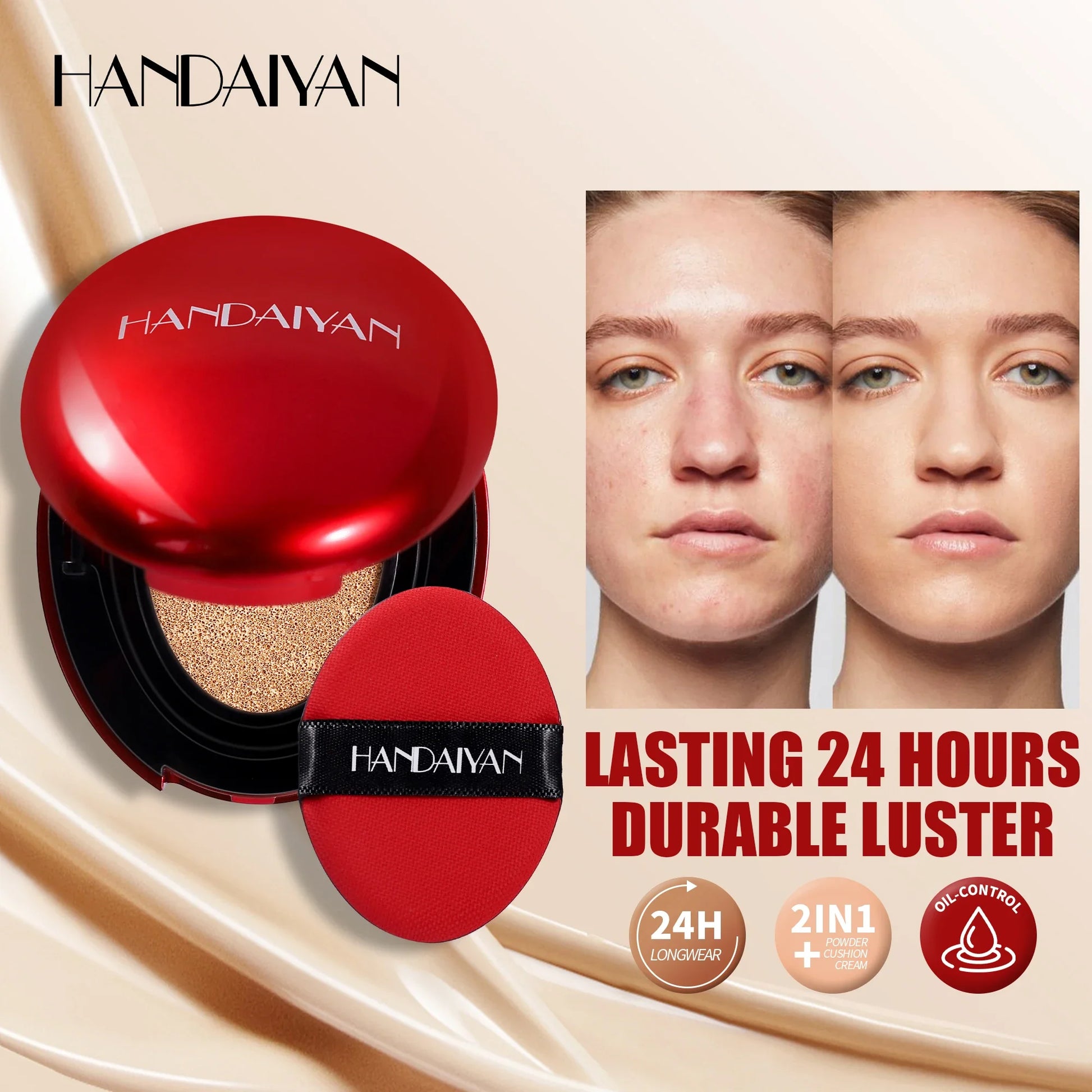 HANDAIYAN 5Color Red Box Concealer Cushion For Easy Application And Long-Lasting Skin Touching Face With Puff For Women's Makeup