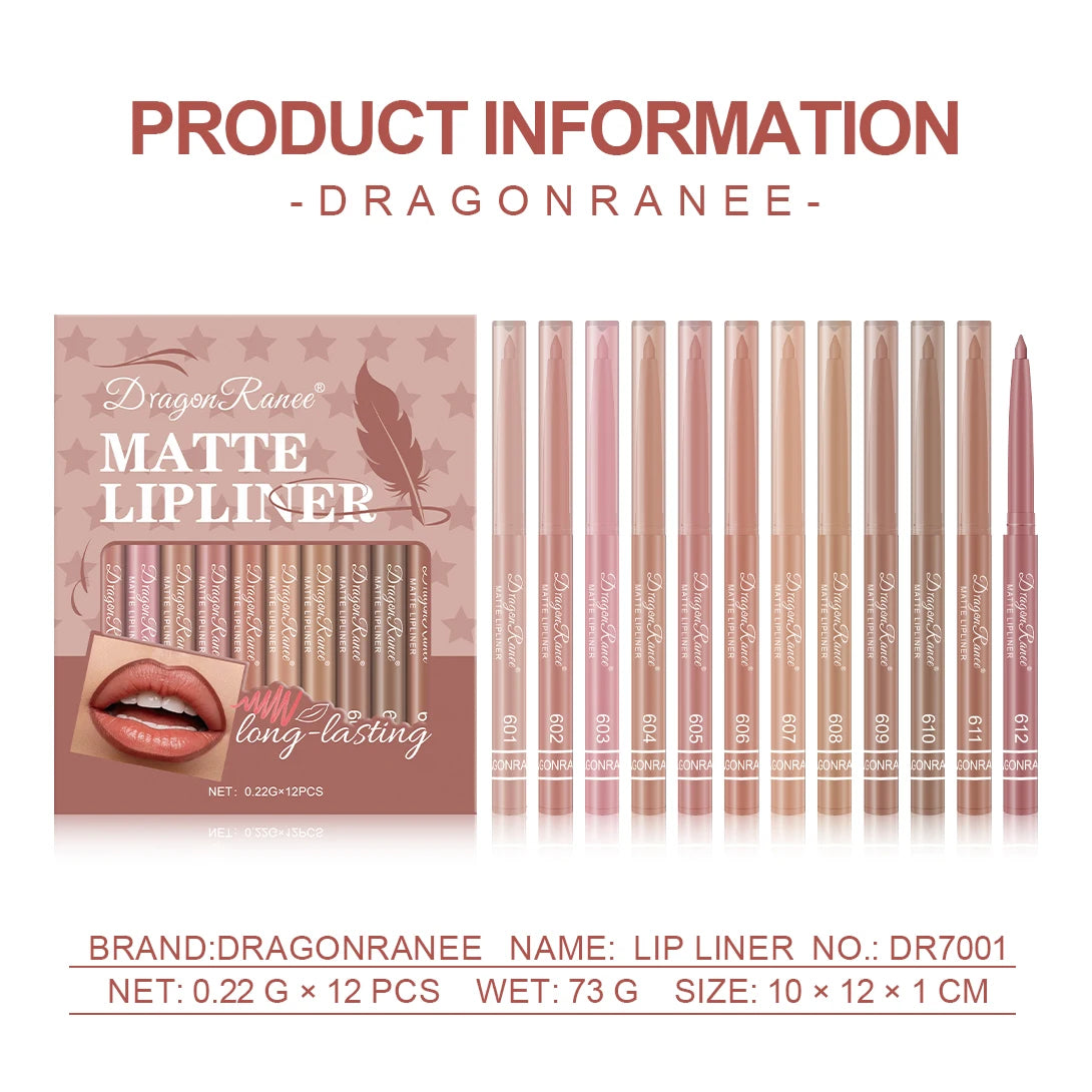 Dragon Ranee 12pcs Soft Matte Water Resistant Eraser Resistant Lip Liner Set Matte and Non-Drying Easy to Line Lip Liner Set