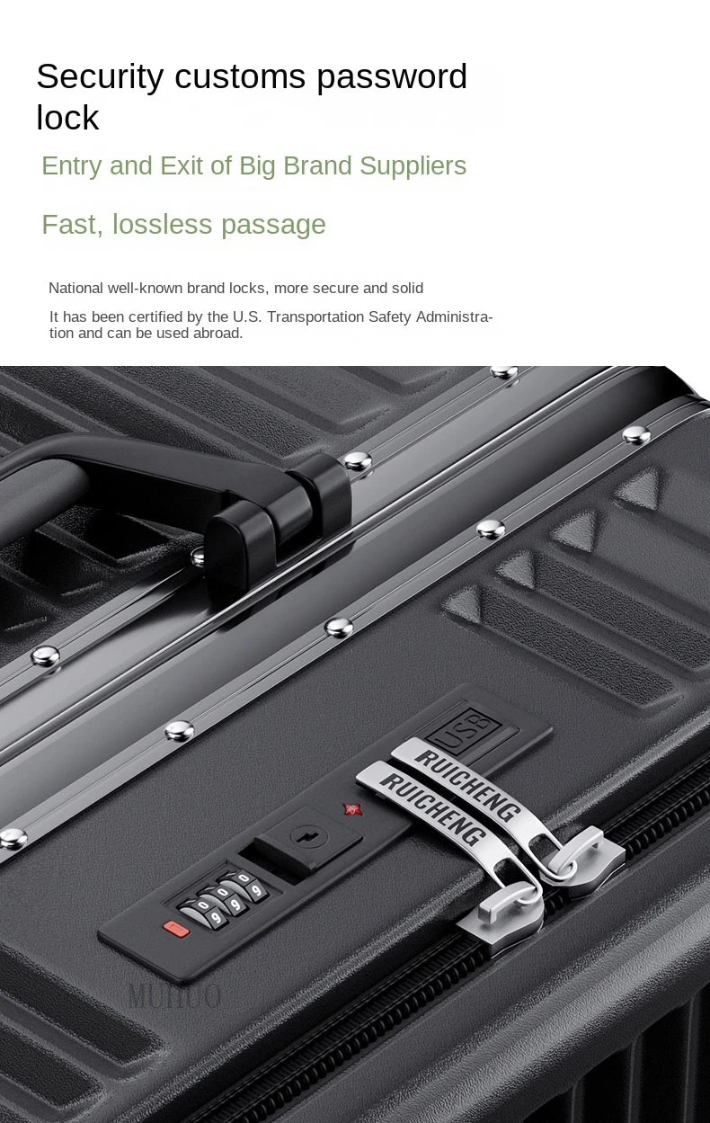 Front Opening Suitcase 2025 New Large Capacity 20/30 inch Aluminum Frame Luggage with USB Cup Holder Laptop Bag Travel Suitcases