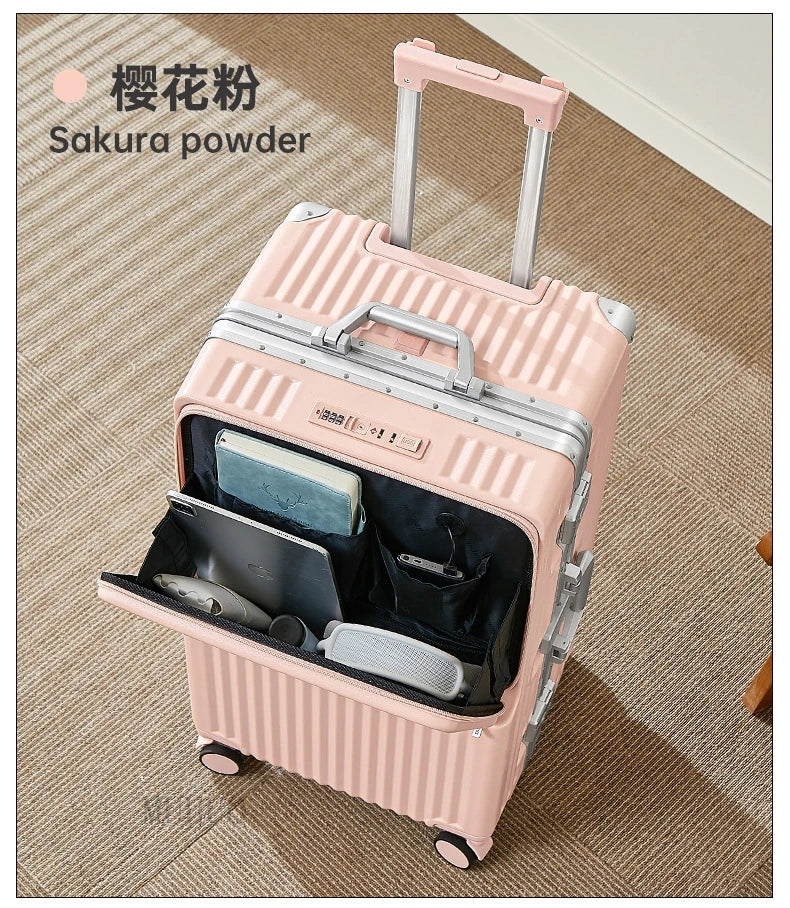Front Opening Suitcase 2025 New Large Capacity 20/30 inch Aluminum Frame Luggage with USB Cup Holder Laptop Bag Travel Suitcases