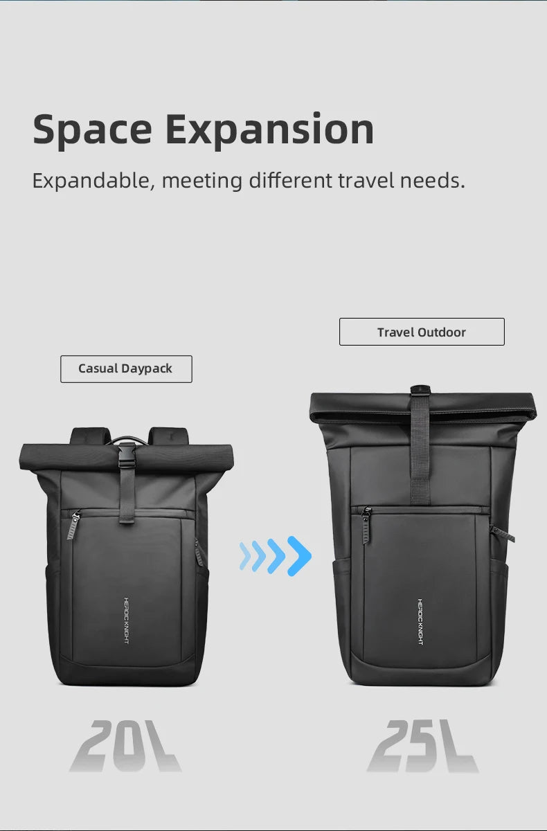 HK Business Roll Top Men's Backpack Large Capacity 15.6 Inch Laptop Bag Waterproof Hiking Travel Backpack Expandable School Bags