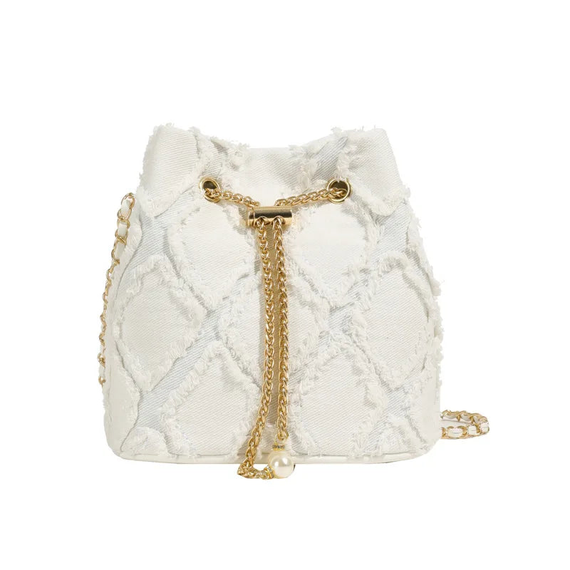 Vintage Denim Bucket Bag Retro Style Light Blue Ripped Edge Design Gold Chain Pearl Embellishment Adjustable Fringe Shoulder Bag