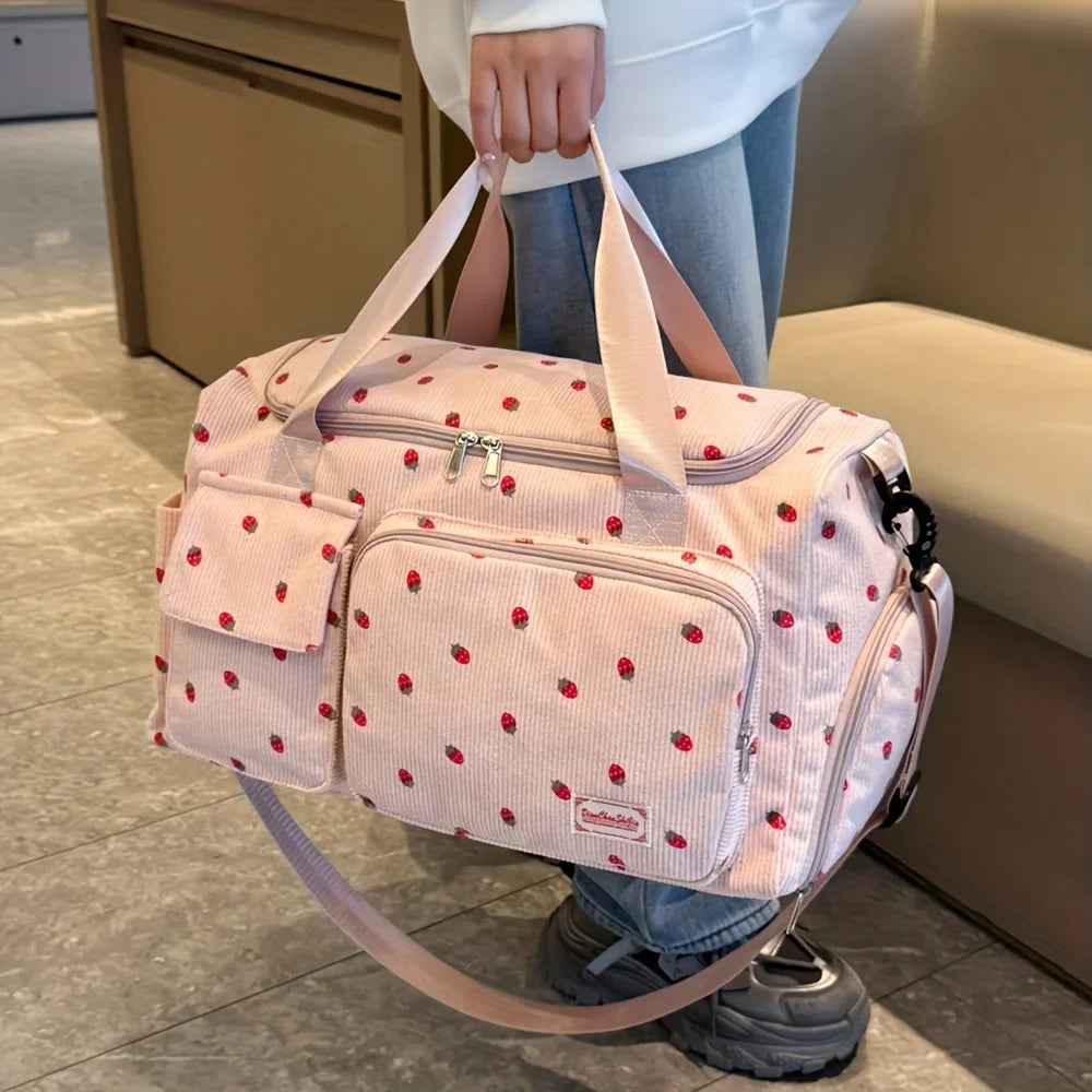 Large Capacity Casual Strawberry Print Duffel Bag with Multiple Compartments - Ideal for Travel, Gym, and Everyday Use