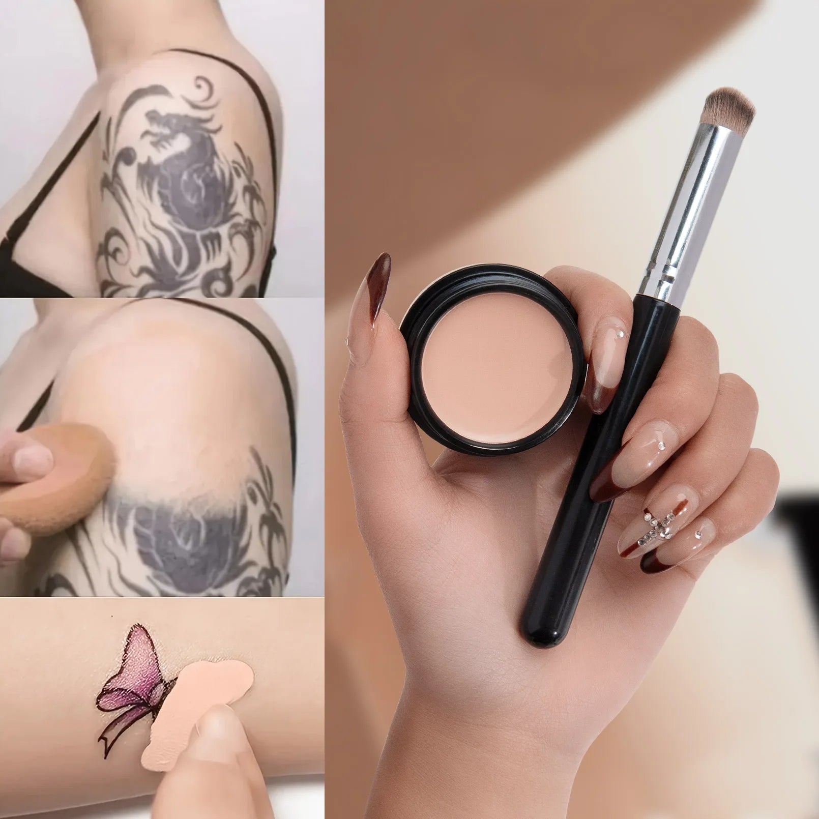 Waterproof & Sweatproof Concealer with Brush - Tattoo coverage, Long-Lasting Foundation, Natural,Full coverage, All Skin Types