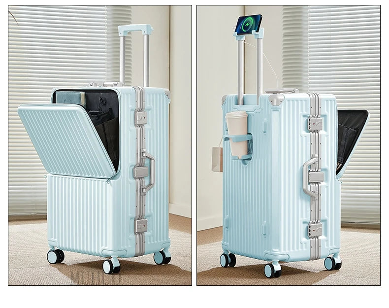 Front Opening Suitcase 2025 New Large Capacity 20/30 inch Aluminum Frame Luggage with USB Cup Holder Laptop Bag Travel Suitcases