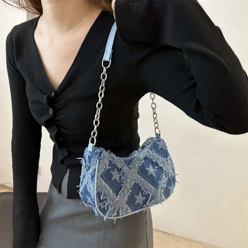 Casual Star Denim Shoulder Bags for Women Plaid Tassel Cool Hot Girls Underarm Phone Bag Fashion Versatile Female Handbags