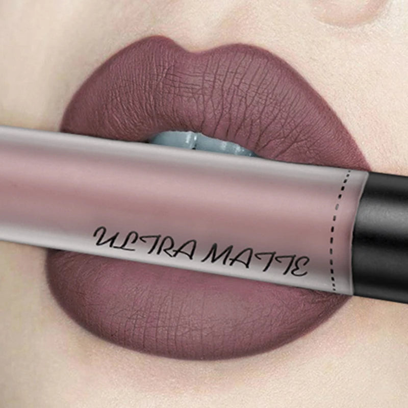 QIBEST Waterproof Matte Nude Lip Gloss 12 Colors Lasting Liquid Lipstick Moisturizing Non-stick Cup Black Red Purple Lip Glaze
