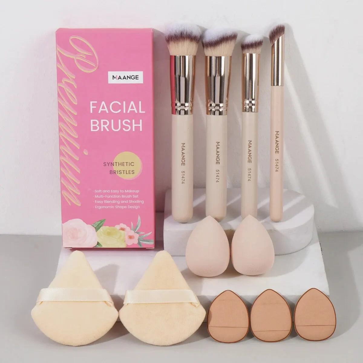 MAANGE 11PCS Makeup Tool Kit 4PCS Makeup Foundation Brushes Powder Puff Makeup Blender Triangle Velvet Powder Air Cushion Puff