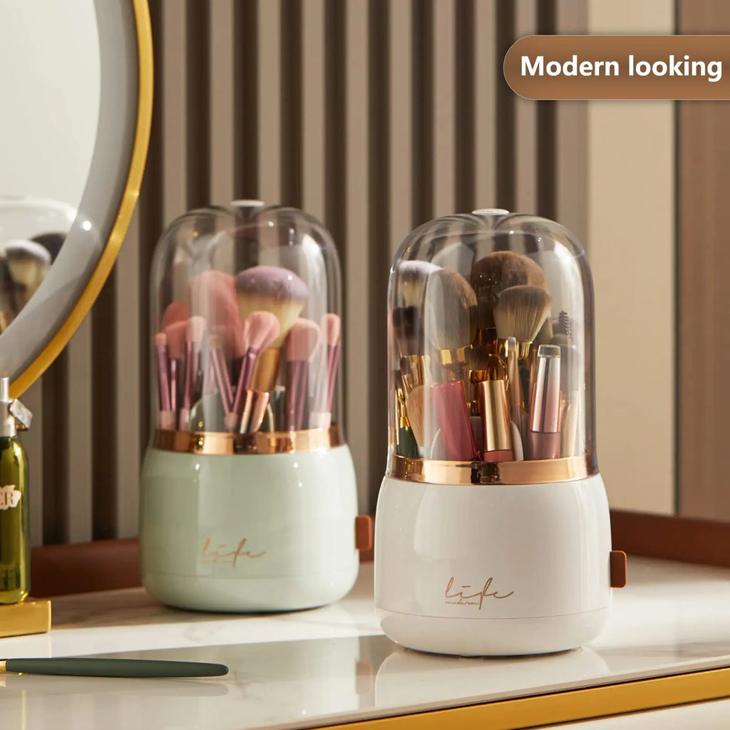Make Up Brush Organizer 360 Rotating Cosmetics Makeup Brush Storage Box Holder with Lid Dustproof 7 Slot Storage Container