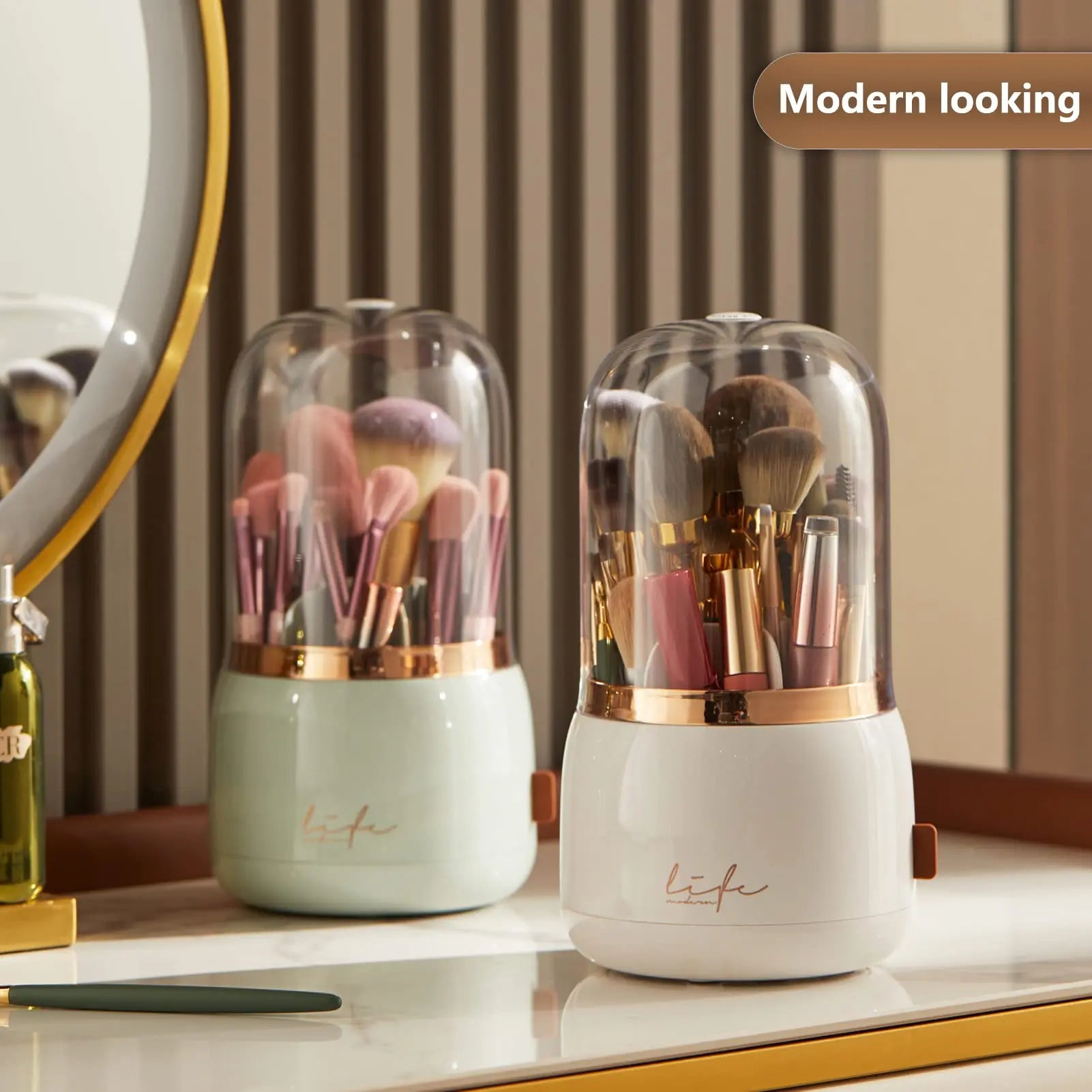 Make Up Brush Organizer 360 Rotating Cosmetics Makeup Brush Storage Box Holder with Lid Dustproof 7 Slot Storage Container
