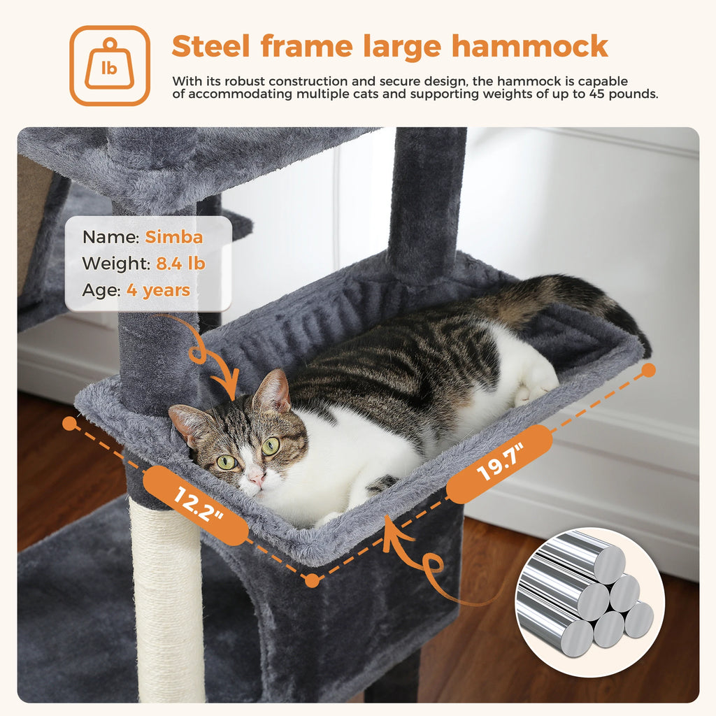 Multi-Level Cat Tree with Scratching Posts, Cozy Condo, Hammock, Large Cat Tower for Indoor Cats, Cat Scratching Board, Cat Toys