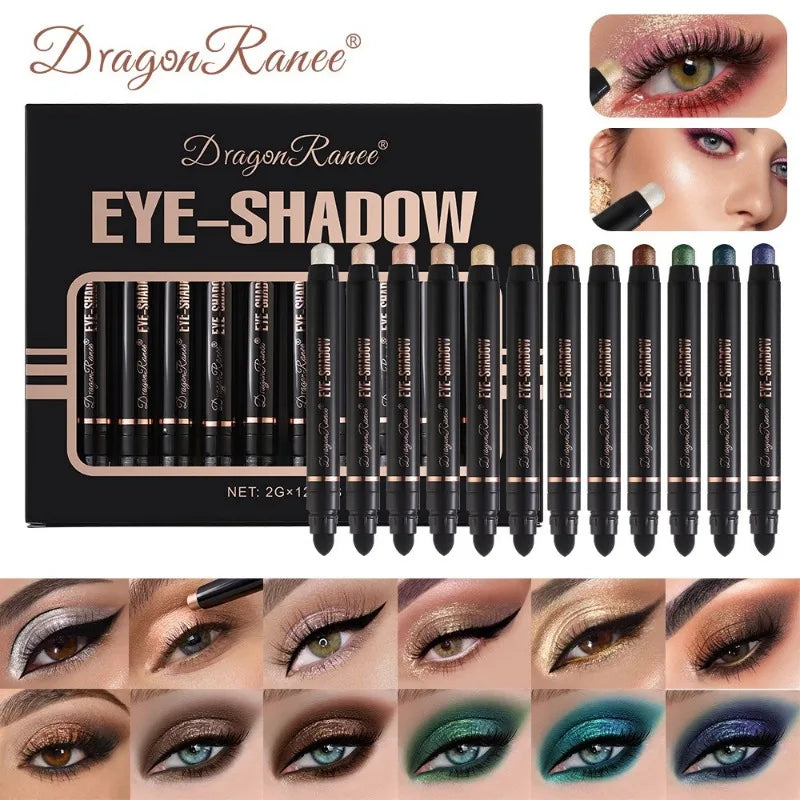 12-color Double Tip Eyeshadow Pen Set Metallic High Gloss Smudger Brighten Eye Makeup Pencil Shining Brown Eye Shadow Cosmetics