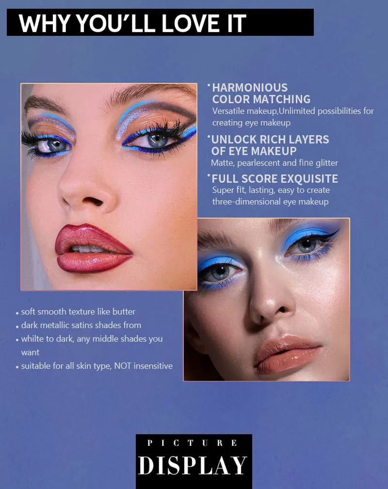 9 Color Eyeshadow Palette Blue Waterproof Sweatproof Blue Matte Pearl Glitter Finish Performance Stage Makeup Music Festival