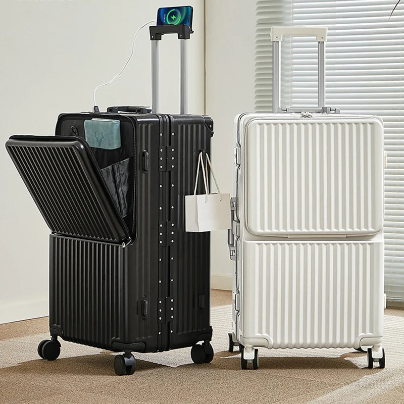 Front Opening Suitcase 2025 New Large Capacity 20/30 inch Aluminum Frame Luggage with USB Cup Holder Laptop Bag Travel Suitcases