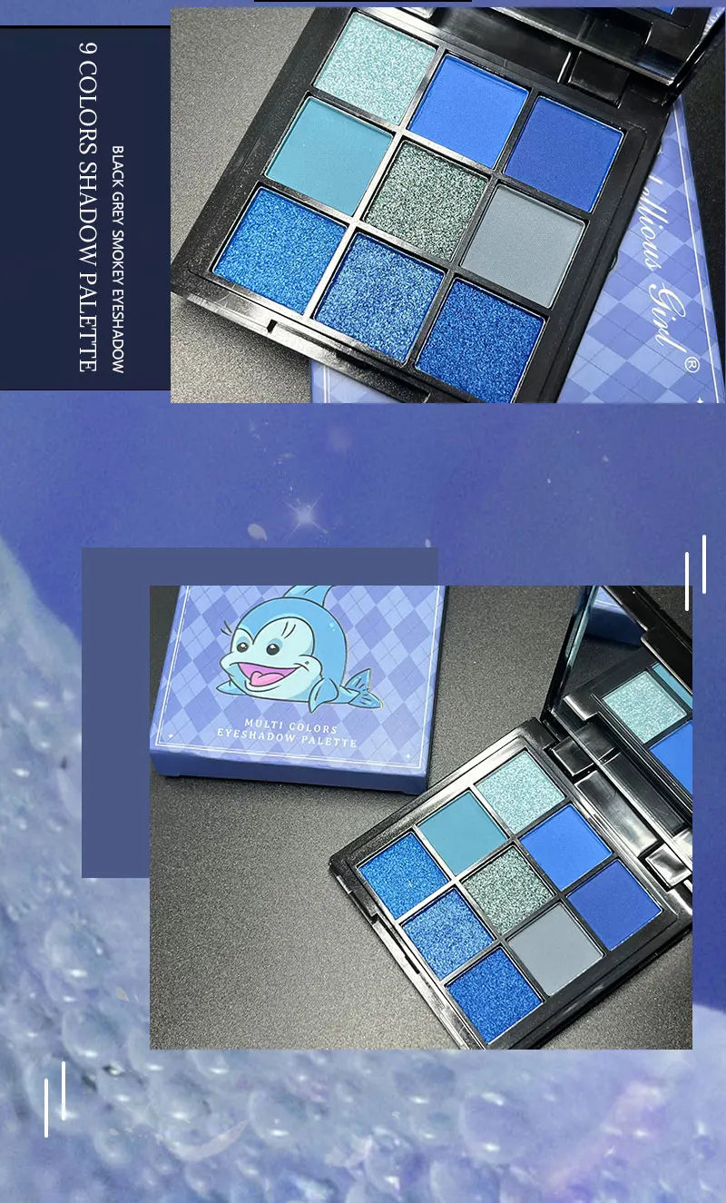 9 Color Eyeshadow Palette Blue Waterproof Sweatproof Blue Matte Pearl Glitter Finish Performance Stage Makeup Music Festival