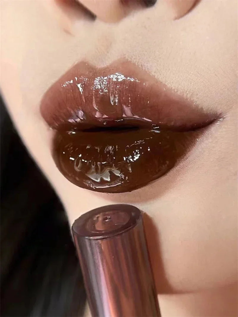 Punk Dark Brown Mirror Water Lip Gloss Red Lip Glaze Transparent Glass Lip Oil Waterproof Liquid Lipstick Clear Tint Makeup New