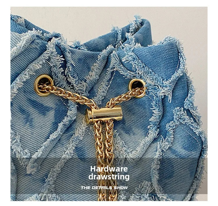 Vintage Denim Bucket Bag Retro Style Light Blue Ripped Edge Design Gold Chain Pearl Embellishment Adjustable Fringe Shoulder Bag