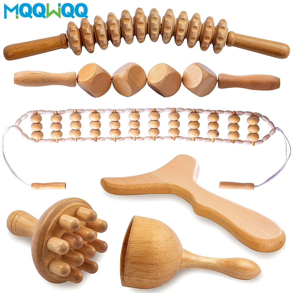 Wooden Therapy Massager Lymphatic Drainage Anti Cellulite Maderoterapia Kit - Body Contouring, Belly Waist Muscle Massage Relax