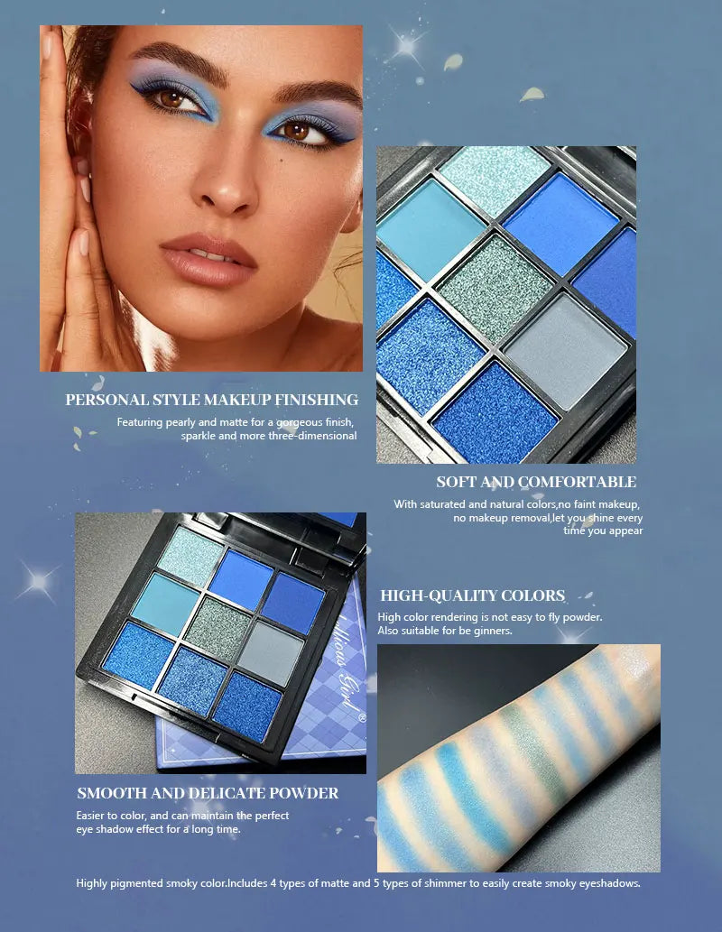 9 Color Eyeshadow Palette Blue Waterproof Sweatproof Blue Matte Pearl Glitter Finish Performance Stage Makeup Music Festival