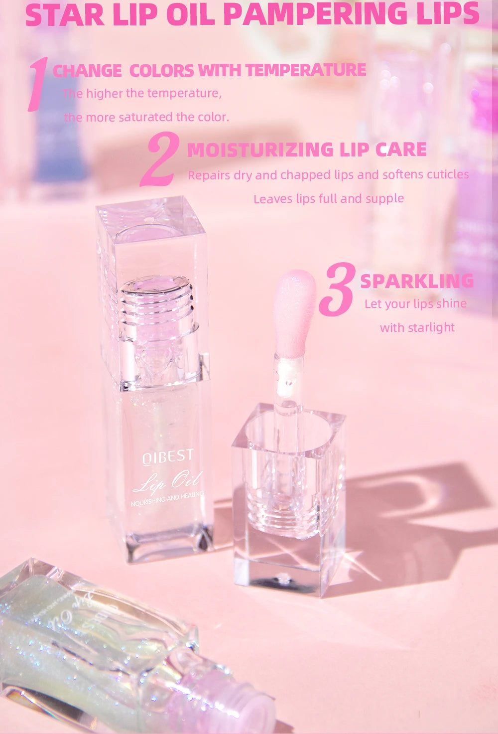 QIBEST Lip Oil Magic Warm Color Changing Lipstick Balm Lip Glaze Transparent Moisturizing Lipgloss Shiny Glitter Lips Cosmetics