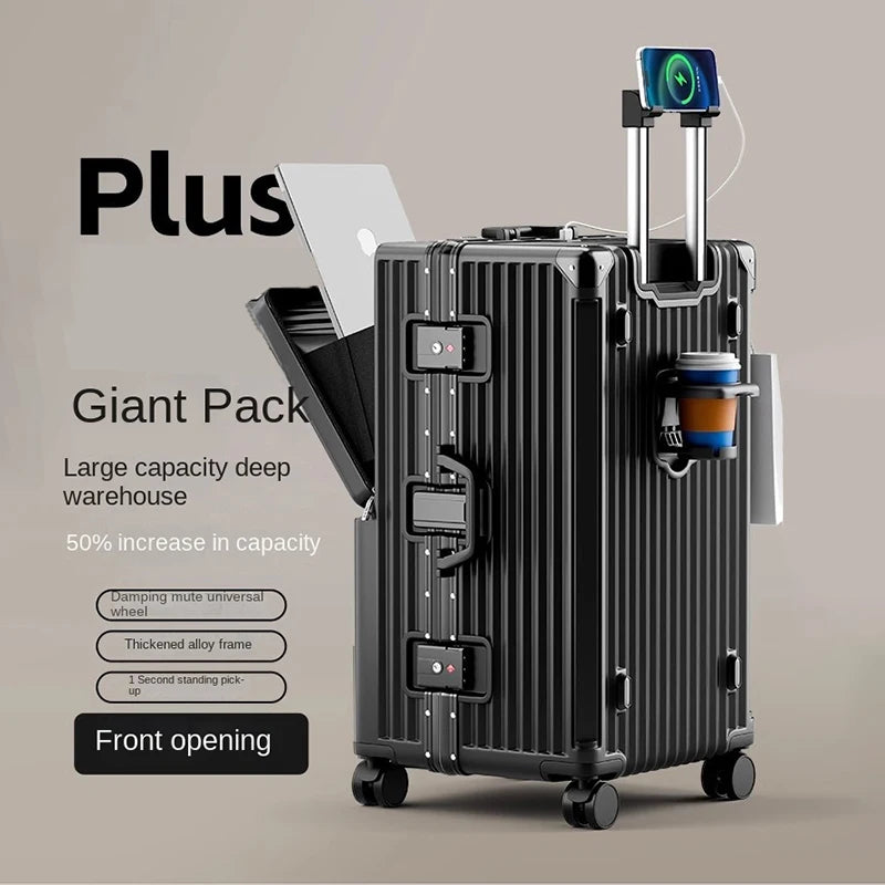Front Opening Suitcase 2025 New Large Capacity 20/30 inch Aluminum Frame Luggage with USB Cup Holder Laptop Bag Travel Suitcases