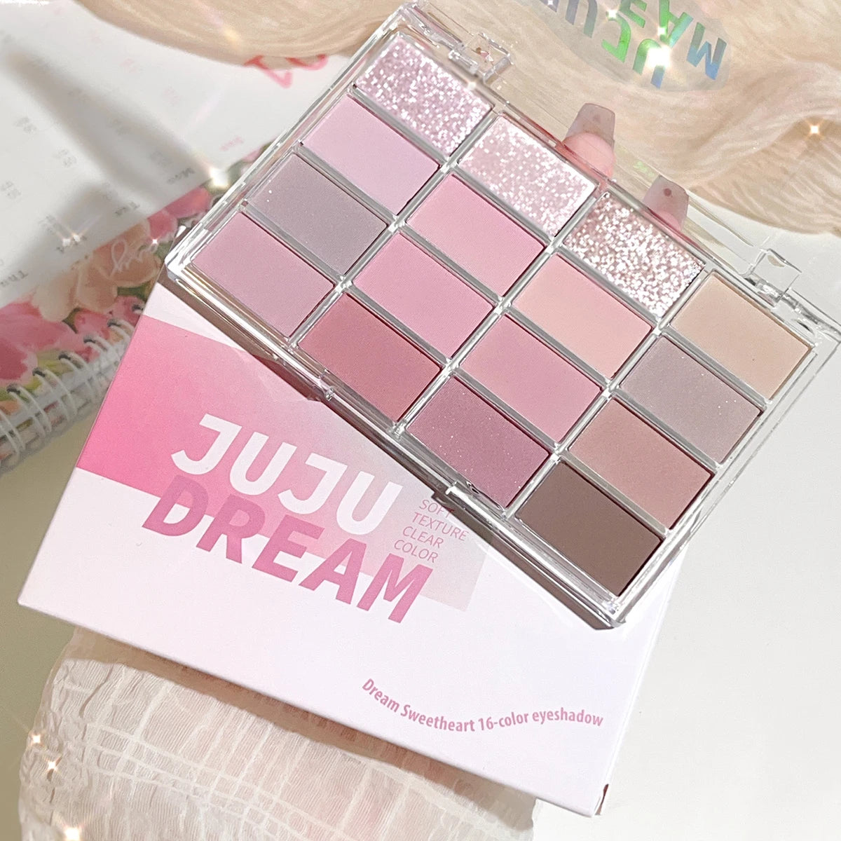 Dream 16 color eyeshadow palette - matte, glitter, shimmer, earth brown, purple and pink - low saturation everyday makeup