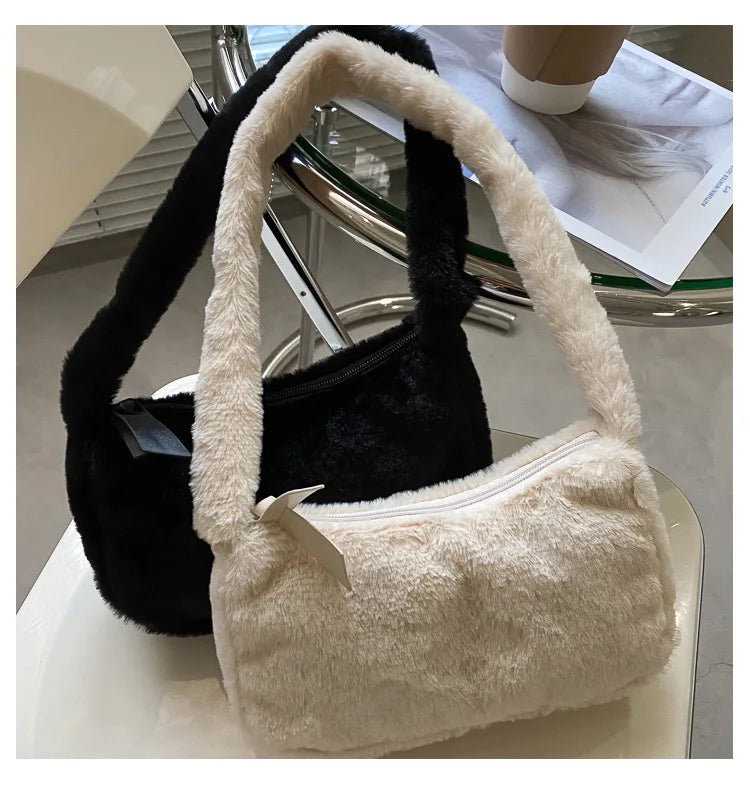 Simple Design Women Soft Plush Hobos Shoulder Bags Winter Furry Ladies Clutch Purse Handbag Fashion Female Underarm Bag