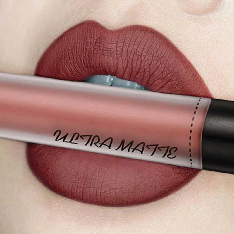 QIBEST Waterproof Matte Nude Lip Gloss 12 Colors Lasting Liquid Lipstick Moisturizing Non-stick Cup Black Red Purple Lip Glaze