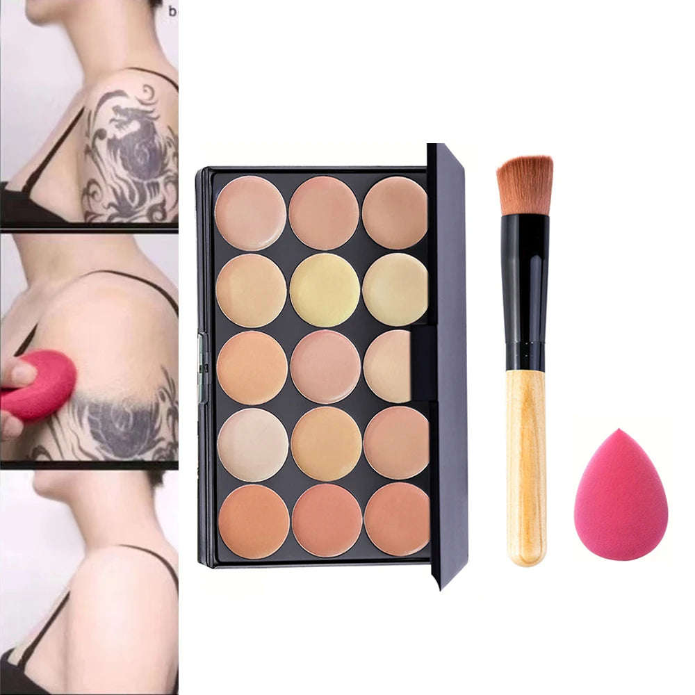 POPFEEL 15-Color Concealer Palette with Brush & Sponge-Multi-Functional for Blemish Coverage, Contouring, Body Tattoo Camouflage