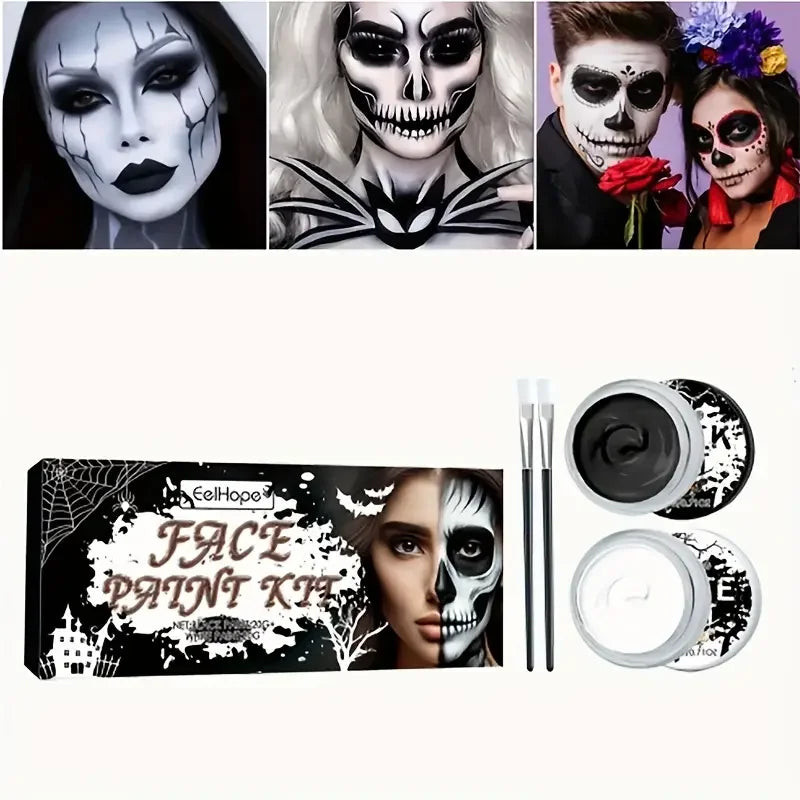 Black & White Face Body Paint Kit with Brushes Long-Lasting Makeup For Halloween Festive Fun Makeup Accessories Makeup Set