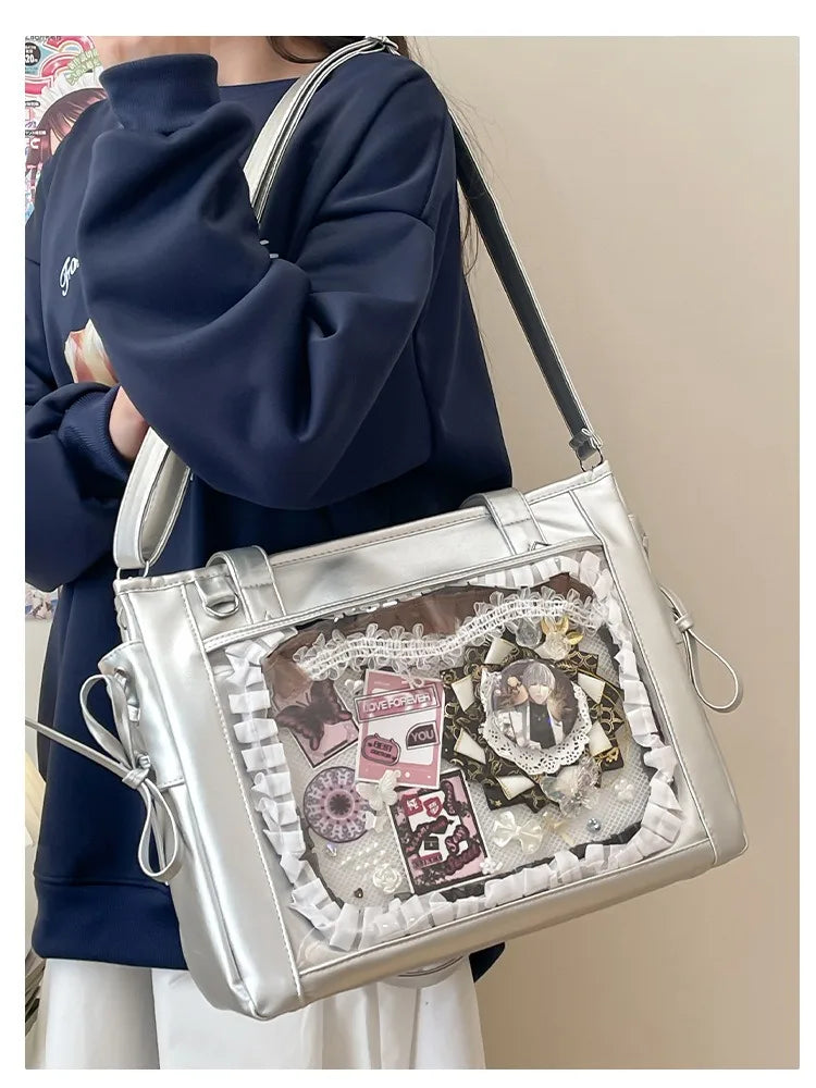 Womens Shoulder Bag Leather Sweet Lolita Jk Elegant Cute Casual Ita Bag Japanese Style Transparent Fashion Handbag