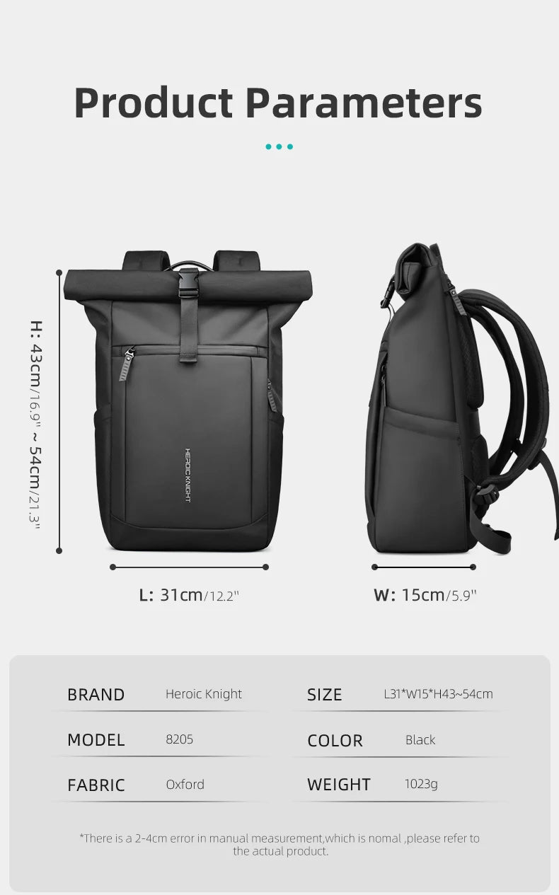 HK Business Roll Top Men's Backpack Large Capacity 15.6 Inch Laptop Bag Waterproof Hiking Travel Backpack Expandable School Bags