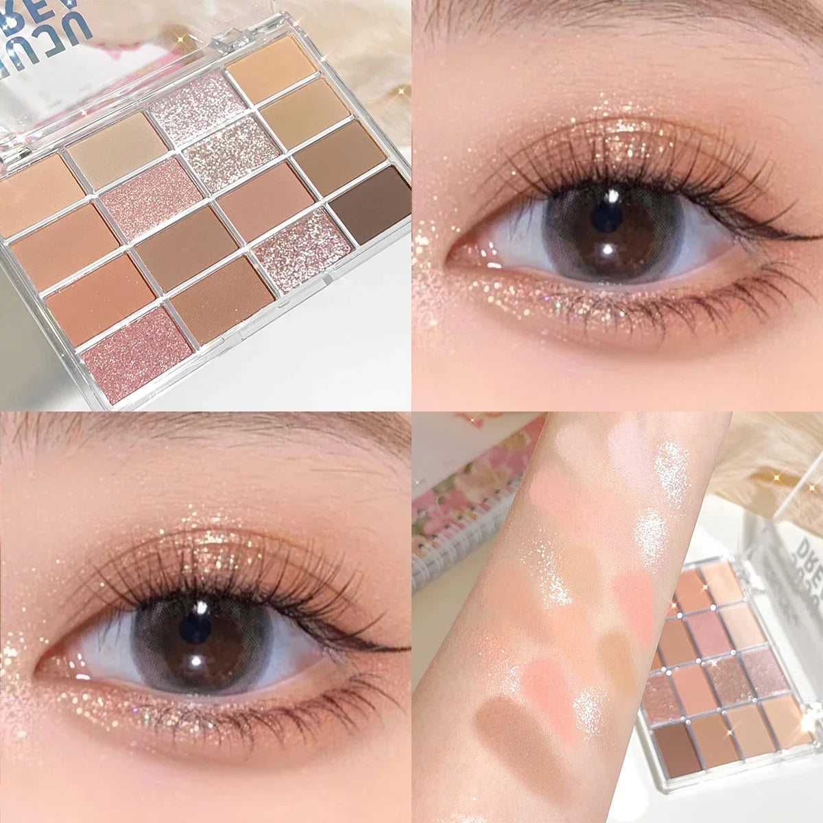 Dream 16 color eyeshadow palette - matte, glitter, shimmer, earth brown, purple and pink - low saturation everyday makeup